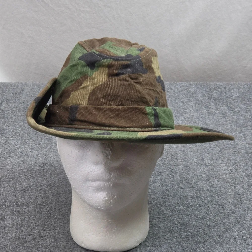Vintage 80s Woodland Camo Boonie Hat L Green Made USA 1 Sided Snap Brim Military